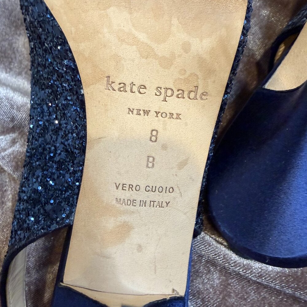 KATE SPADE Navy Glitter Blue Bow Slingback Charm Heels 8 designer glam couquette - Picture 10 of 13